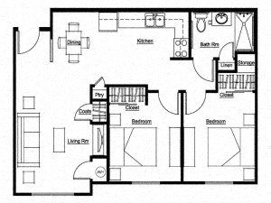 Floor plan for 2 beds, 1 bath, 784 sqft